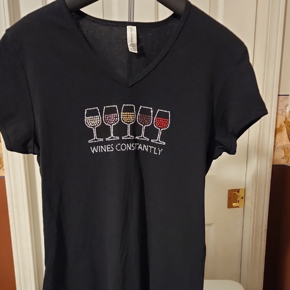Black V-Neck T-Shirt with Wine Glass Design - Picture 1 of 3